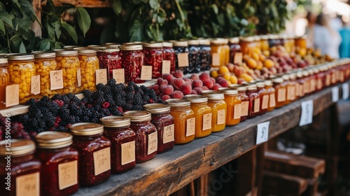 A vibrant display of homemade jams and preserves at a farmers' market, with jars neatly arranged on a wooden table, surrounded by fresh fruits like berries and peaches photo