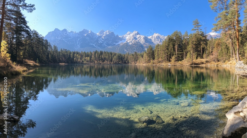 A vibrant wide-angle view of a tranquil lake surrounded by towering pine trees and distant snow-capped mountains. The clear water reflects the surrounding scenery, adding depth to the landscape A vibrant wide-angle view of a tranquil lake surrounded by towering pine trees and distant snow-capped mountains. The clear water reflects the surrounding scenery, adding depth to the landscape