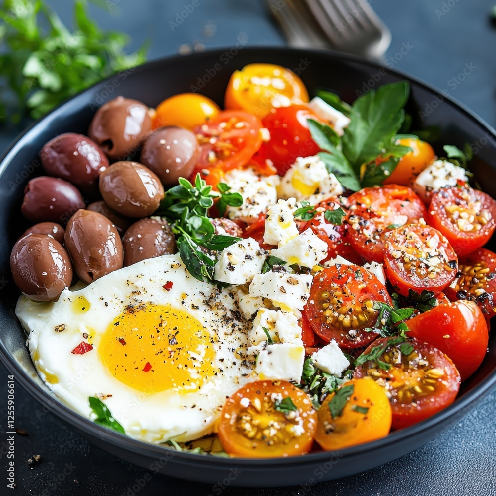 Mediterranean breakfast bowl with feta olives and tomatoes fresh ingredients colorful closeup bright lighting healthy eating Mediterranean breakfast bowl with feta olives and tomatoes fresh ingredients colorful closeup bright lighting healthy eating