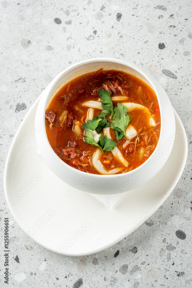 A bowl of rich, flavorful soup featuring tender meat and vegetables, garnished with fresh herbs. The vibrant colors and inviting presentation make it a delicious meal choice A bowl of rich, flavorful soup featuring tender meat and vegetables, garnished with fresh herbs. The vibrant colors and inviting presentation make it a delicious meal choice