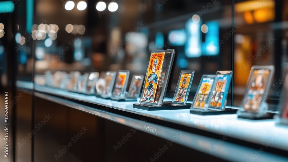 Art gallery display with multiple small framed pictures under glass Art gallery display with multiple small framed pictures under glass