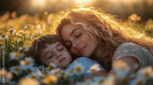 Mother and child enjoy peaceful moment in a field of flowers at sunset