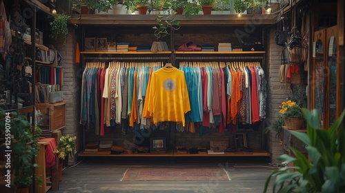 Colorful clothing display in a cozy boutique with vibrant garments hanging ne...