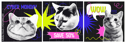 Cyber Monday Retro Pop Art halftne Cat Sale Banner