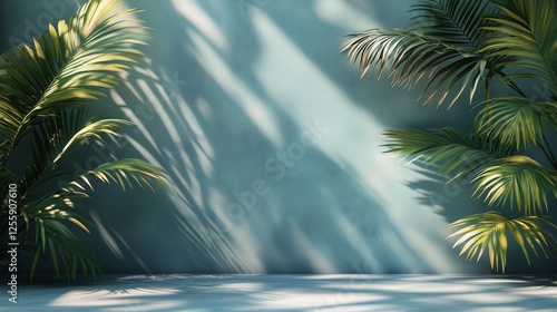 Lush greenery casting shadows on a textured blue wall in a tranquil indoor se...