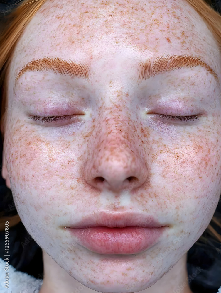 Fototapeta premium Close-up of a young woman's freckled face showcasing natural beauty in soft lighting