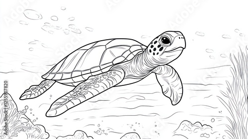 Underwater sea turtle, coloring page, aquatic animal, peaceful scene, for kids photo