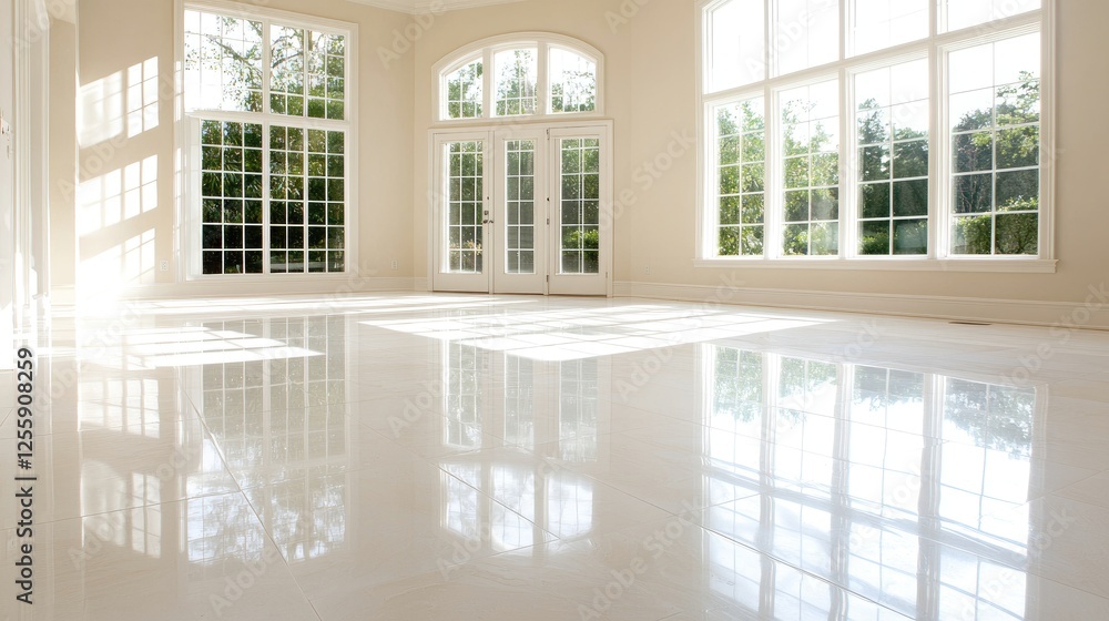 Fototapeta premium Sunlit room, gleaming floor, large windows, green view, home interior design