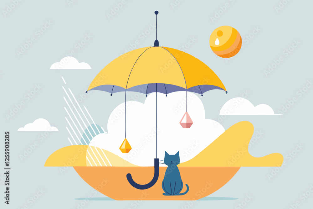 Cute Cartoon Cat with Yellow Umbrella and Tiny Bird in Kawaii Minimalist Style Cute Cartoon Cat with Yellow Umbrella and Tiny Bird in Kawaii Minimalist Style
