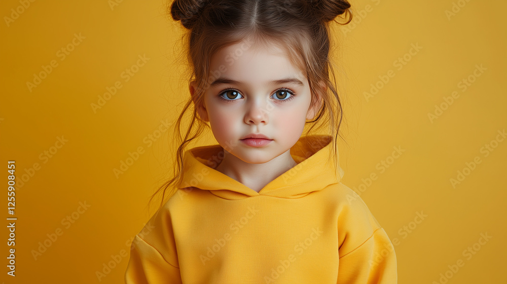 portrait of small child with big blue eyes, wearing yellow hoodie against bright yellow background, exuding smart and clever expression portrait of small child with big blue eyes, wearing yellow hoodie against bright yellow background, exuding smart and clever expression