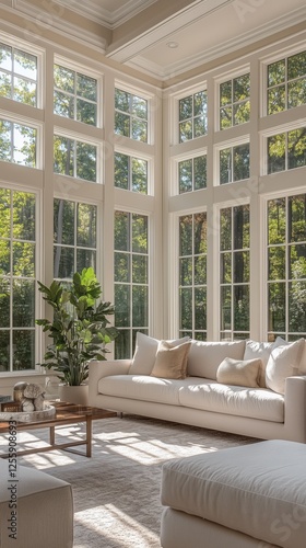 Bright and airy living room with large windows and modern decor in a natural ...