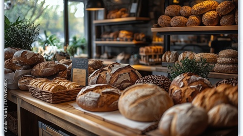 Freshly baked bread displayed in a cozy bakery during the morning hours