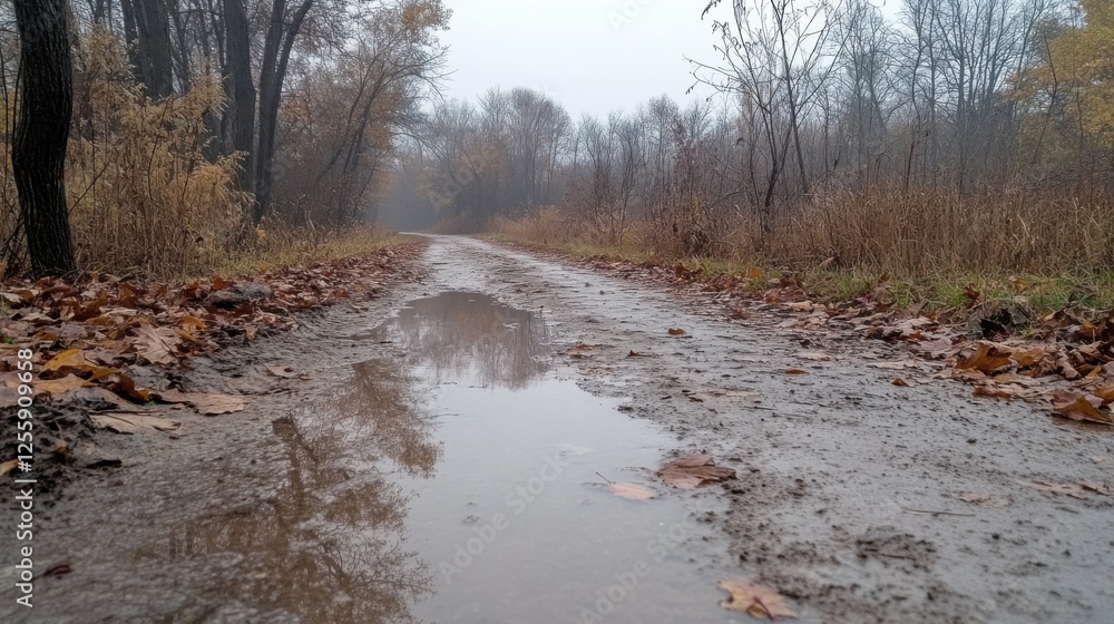 Rainy day adventure on a muddy path in a foggy forest nature outdoor scene low angle view exploring natural beauty Rainy day adventure on a muddy path in a foggy forest nature outdoor scene low angle view exploring natural beauty