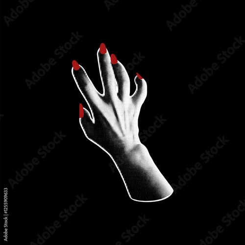 Halftone hand red nails manicure retro photocopy effect, vector Halloween zombie arm with curve fingers stretches upward