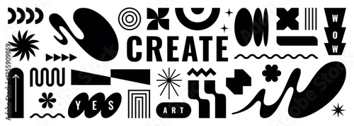 Abstract shape element icon set. Vector playful pattern sticker collection. Modern geometry forms for background. Graphic retro wavy logo figures and typography in black and white