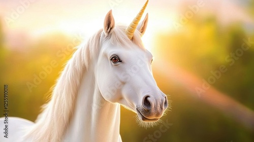Close-Up Portrait of a White Unicorn with Glowing Mane and Ethereal Background at Sunrise