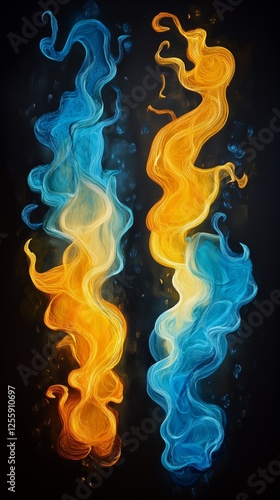 Vivid swirls of blue and orange abstract art in dynamic fluid motion on a dar...