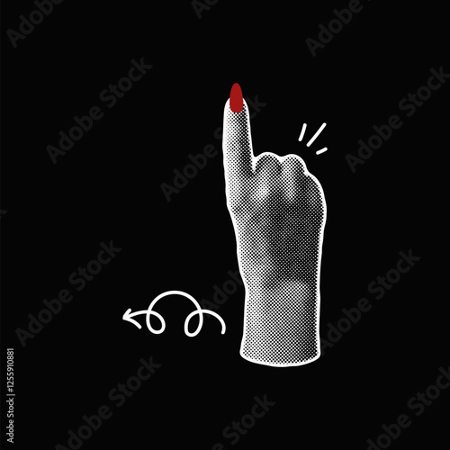 Halftone grainy pointing up hand with red nails manicure retro photocopy effect, vector stipple forefinger arm gesture