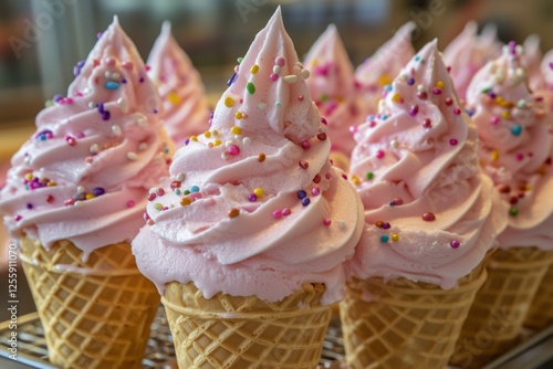 Delicious pink ice cream cones topped with colorful sprinkles at a dessert shop