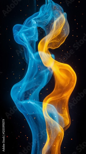 Colorful smoke swirls in blue and orange create dynamic patterns on a dark ba...
