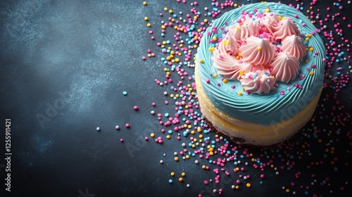 Delicious cake topped with colorful frosting and sprinkles on a dark surface