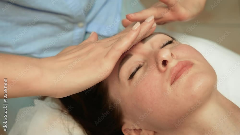 Therapist gently massaging forehead for relaxation and balance. Working on face to promote calming and rejuvenating effects. Professional stimulating forehead to enhance spiritual wellbeing. Expert Therapist gently massaging forehead for relaxation and balance. Working on face to promote calming and rejuvenating effects. Professional stimulating forehead to enhance spiritual wellbeing. Expert