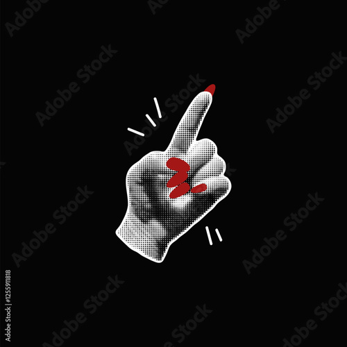 Halftone grainy pointing hand with red nails manicure, vector stipple forefinger arm gesture retro photocopy effect