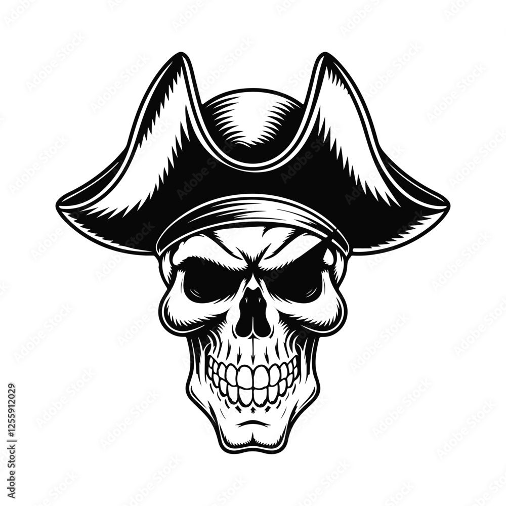 Fototapeta premium Intimidating Pirate Skull with Tricorn Hat – High-Detail Vector Art