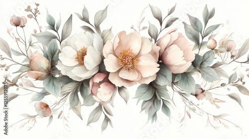 Delicate Watercolor Floral Design Featuring Soft Peonies and Green Leaves in Pastel Tones