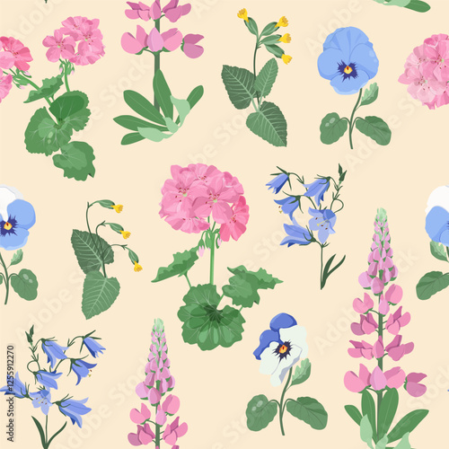 Pansies and sweet pea on a beige background. Seamless vector illustration with delicate flowers. For decorating textiles, packaging.