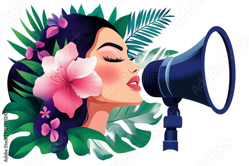 Empowered woman speaking into a megaphone surrounded by vibrant flowers and greenery
 photo