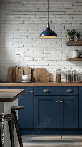 Modern kitchen design with blue cabinets and wooden accents in a bright atmos...