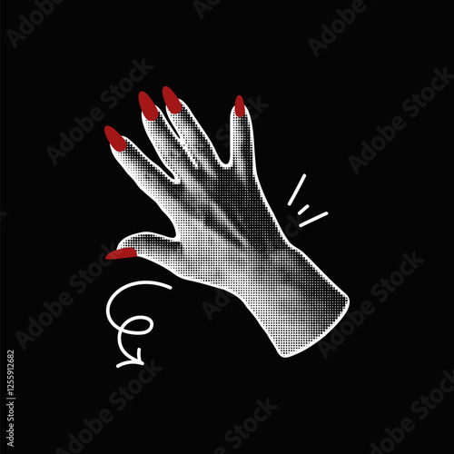 Halftone open outstretched hand red nails manicure noise photocopy effect, vector five fingers gesture, arrow line art