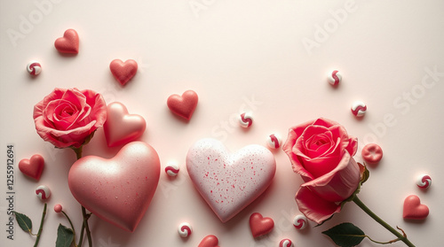  Valentine’s Day scene heart-shaped decorations, red roses, candy. Hyper-realistic style,