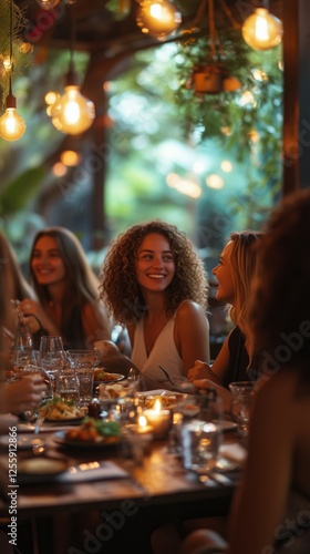 Joyful gathering of friends sharing a meal in a cozy restaurant at dusk