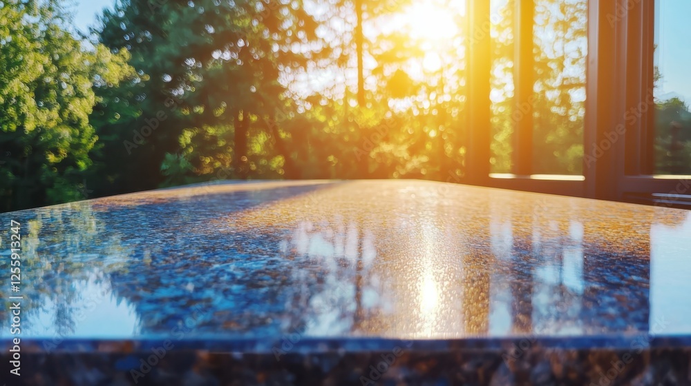 Sunlit outdoor table reflection nature setting image capture serene environment close-up view barebones processing concept Sunlit outdoor table reflection nature setting image capture serene environment close-up view barebones processing concept