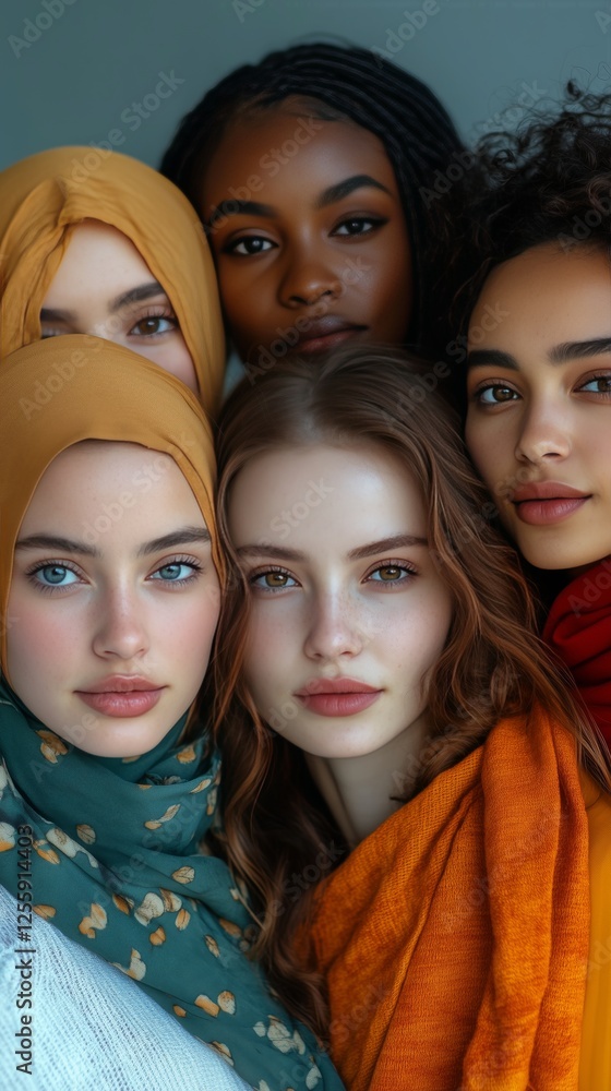 Diverse group of women showcasing unity and cultural beauty in colorful headscarves Diverse group of women showcasing unity and cultural beauty in colorful headscarves