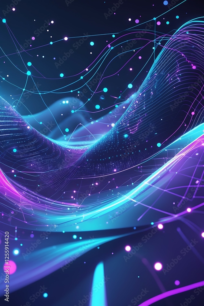 Fototapeta premium Vibrant Abstract Wave Pattern with Data Lines, A colorful, dynamic wave pattern representing data flow, suitable for tech presentations or digital art.