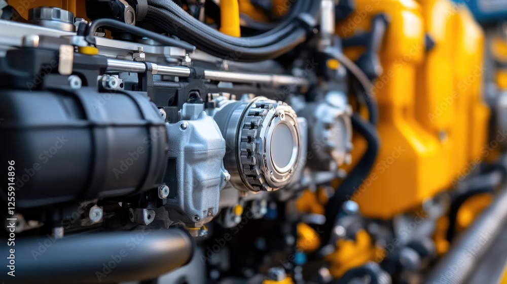 Close-up of industrial machinery and engine components in factory setting Close-up of industrial machinery and engine components in factory setting