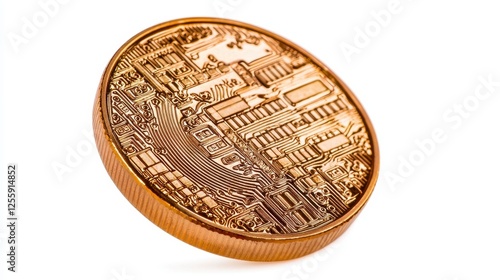 Golden Coin with Intricate Design and Raised Pattern on a Neutral Background photo