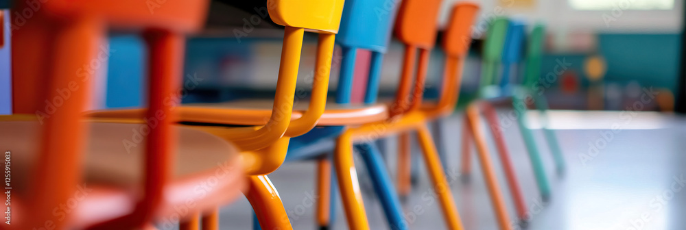Row of Multicolored Plastic Children's Chairs in Classroom Row of Multicolored Plastic Children's Chairs in Classroom