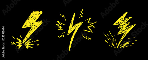 Set of lightning by wax pencil drawing. Collection of handdrawing chalk , light flash signs, Doodle thunder bolts, golden color design elements. Graffiti style weather symbols. Vector illustration.