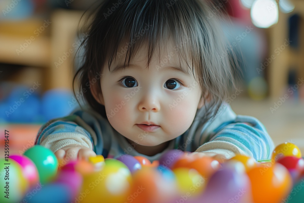 Obraz premium Curious toddler plays with colorful balls on the floor during a sunny day at home