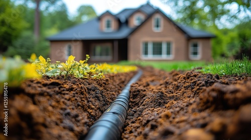 New irrigation system installation in suburban garden with a modern house bac...
