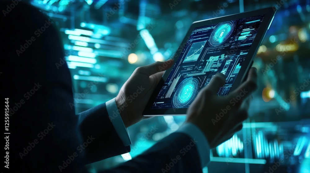 A person interacts with a digital interface, engaging with holographic elements and using advanced tools for data analysis. The scene emphasizes innovation and the potential of modern technology.