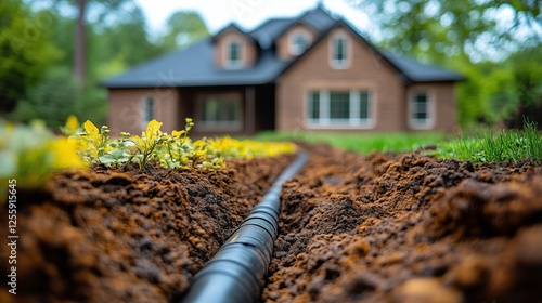 New irrigation system installation in suburban home garden during sunny after...
