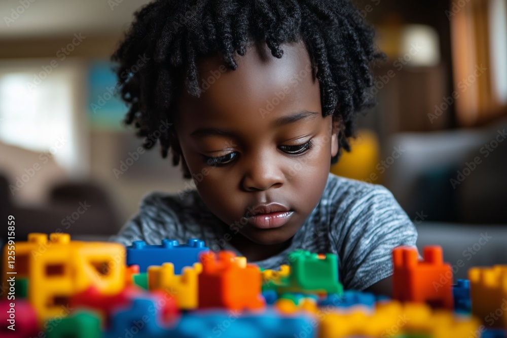 Fototapeta premium Child playing with colorful building blocks indoors during afternoon activity