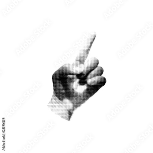 Halftone grainy pointing up hand retro noise photocopy effect, vector grunge diagonally direction arm forefinger gesture