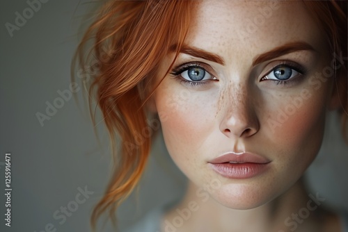 Portrait of a woman with striking blue eyes and vibrant red hair in soft ligh...