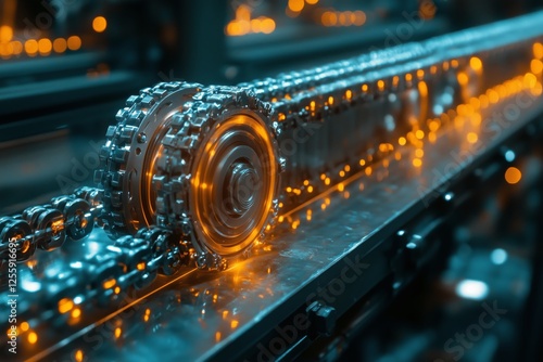 Close-up view of industrial machinery with glowing components in a factory se...